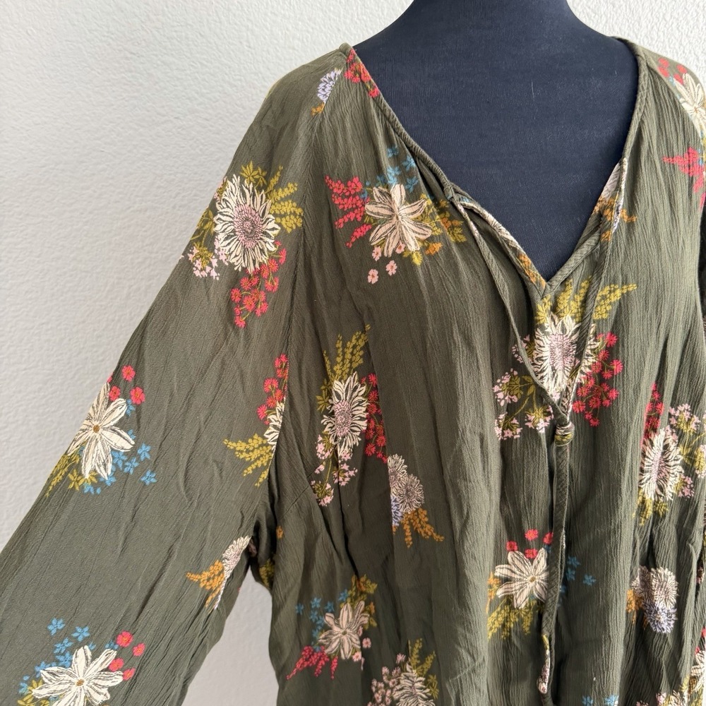 Floral Tie-Neck Olive Green Women's Tunic Top - Picture 3 of 9